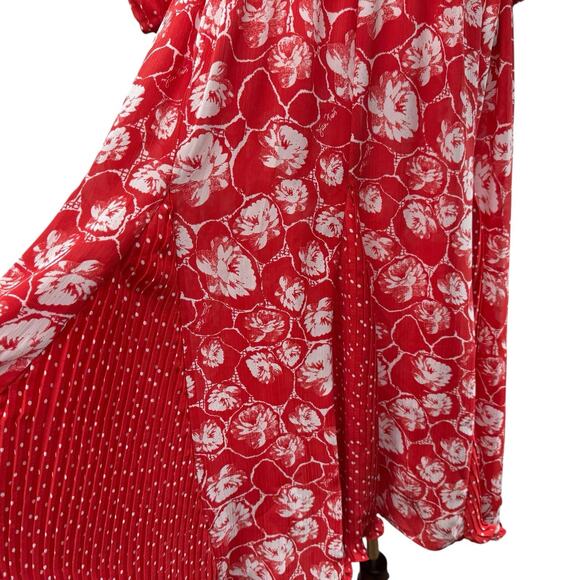 Diane Freis Georgette Midi Dress Size Large Pleated Floral Red Ruffles VTG 80s - Picture 4 of 10